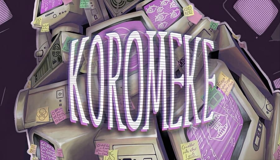 KOROMEKE: Stacked beige CRT monitors with purple screens and sticky notes piled in a dark room backdrop.