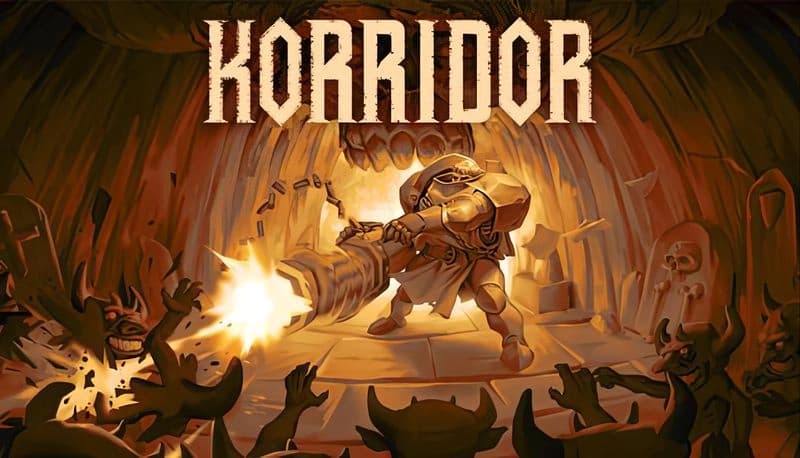 KORRIDOR Demo: Armored knight fires a massive gun at attacking demons in a dimly lit, cavernous catacomb setting.