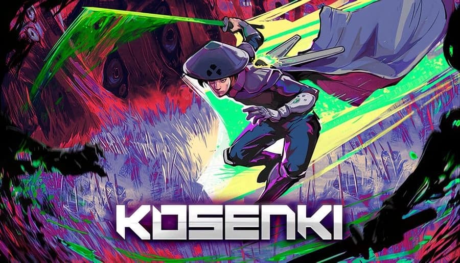 Kosenki: masked samurai warrior lunges with sword, green energy streaks behind, amid neon graffiti and dark shapes.