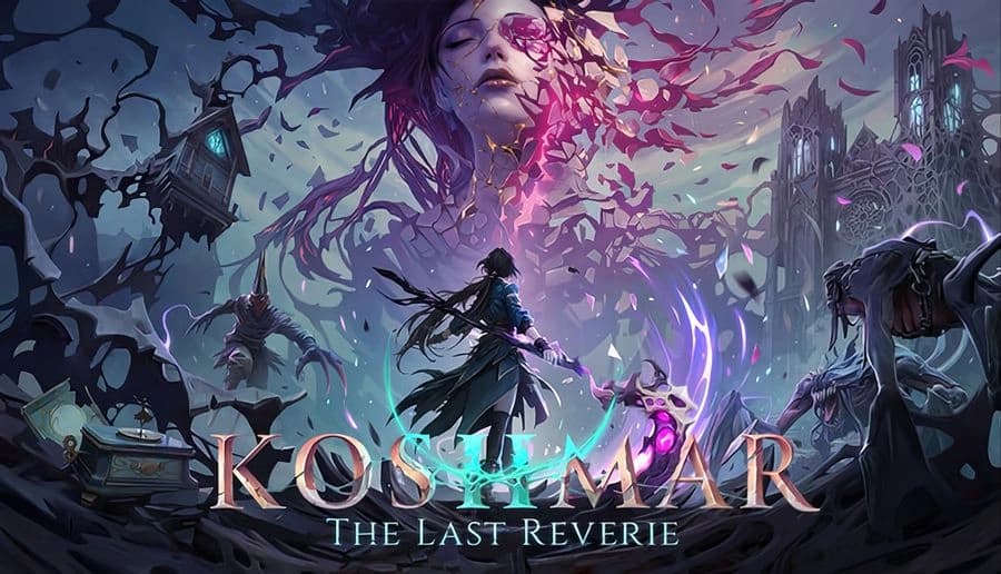 Koshmar: Young woman surrounded by swirling purple shards and shadow birds, ruined city towers and bats behind.