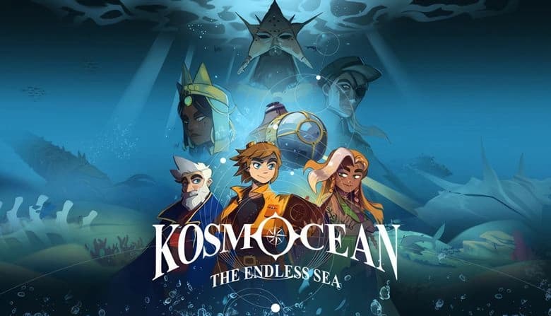 In an underwater scene, a young boy, an elderly man, and a young woman float surrounded by mythical figures. Bubbles rise.