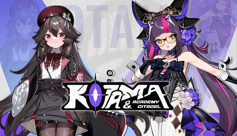 Kotama and Academy Citadel: Two young women in ornate outfits stand confidently; one with glasses, in a colorful, mystical hall.