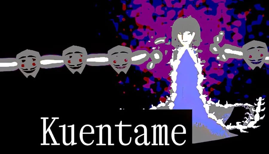 Kuentame: Young woman in a purple dress with a mask chain hovers in a dark, textured space, creating a surreal atmosphere.
