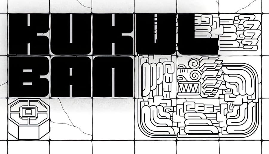 KUKULBAN: Bold block letters on a cracked tiled grid beside intricate maze-like lines forming a jaguar face panel.