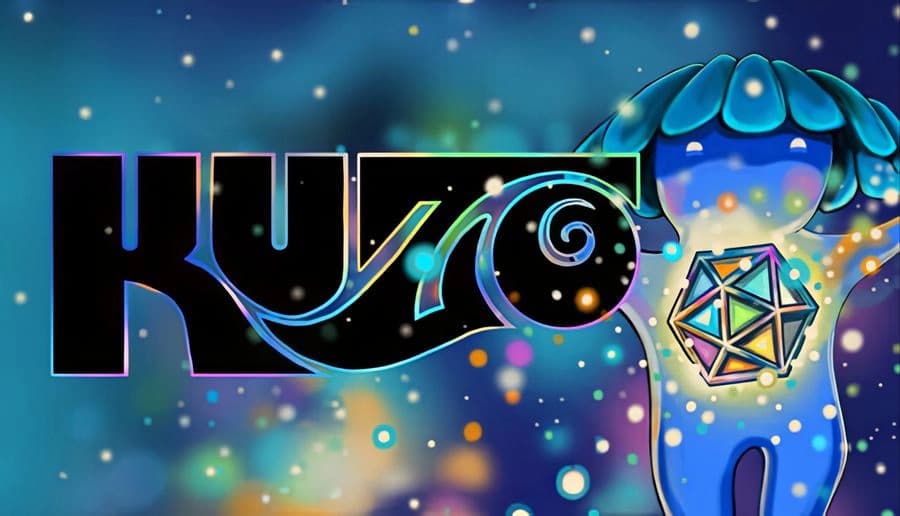 Kuzo: Bold KUZO letters with swirling blue flourish and starry dots, beside a glowing geometric orb on teal bokeh background.