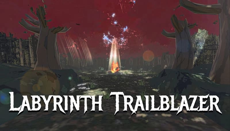 Labyrinth Trailblazer: Bright fiery pillar glows in dark forest clearing; twisted trees frame the scene under blood-red sky.