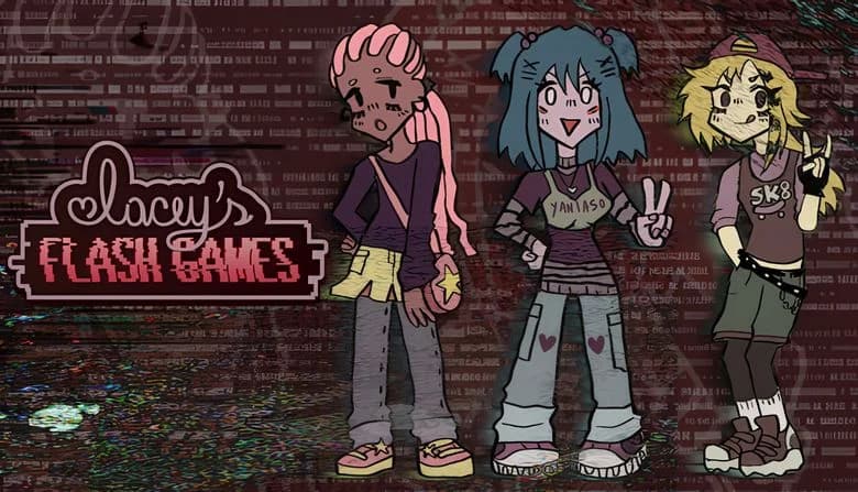 Lacey's Flash Games: Three young girls in colorful outfits stand against a textured digital backdrop with binary code.
