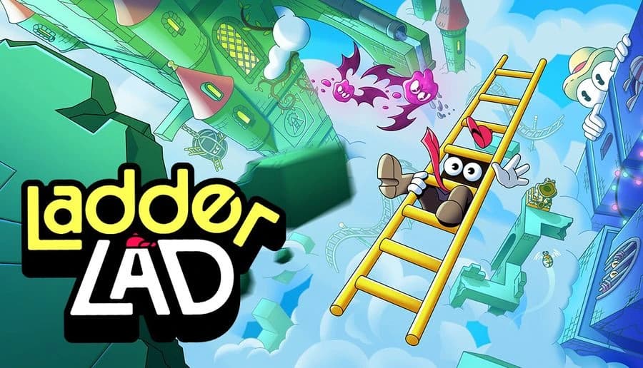 Ladder Lad: Cartoon robot climbs a yellow ladder in space, with planets, rockets, and debris floating around him.