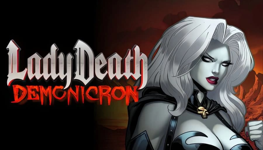 Lady Death Demonicron: White-haired pale woman with red lips and clenched fist before fiery mountains at dusk.