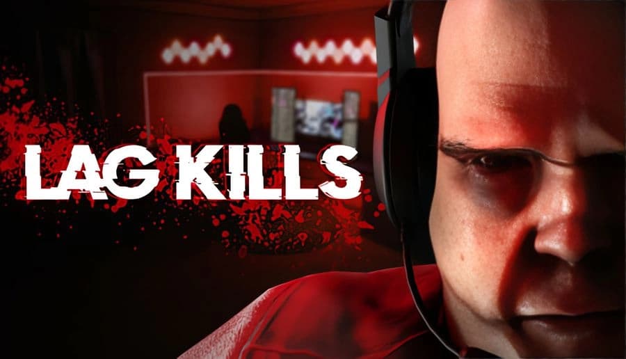 LAG KILLS: Angry bald man in headset close-up, red light behind him, shadowy figure near a doorway in room.