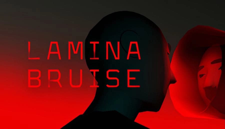 LAMINA BRUISE: Silhouetted face gazes at reflection in a red-tinted visor, set against a stark, minimalistic background.