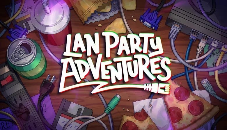 A messy table with ethernet cables, soda cans, pizza slices, router, and computer peripherals creates a chaotic party setup.