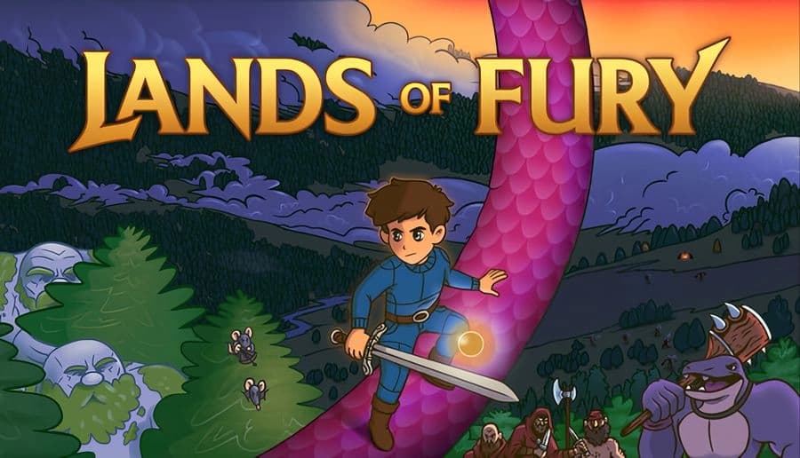 Lands of Fury: young male hero swings glowing sword from cliff edge above dark valley with monsters and trees below.