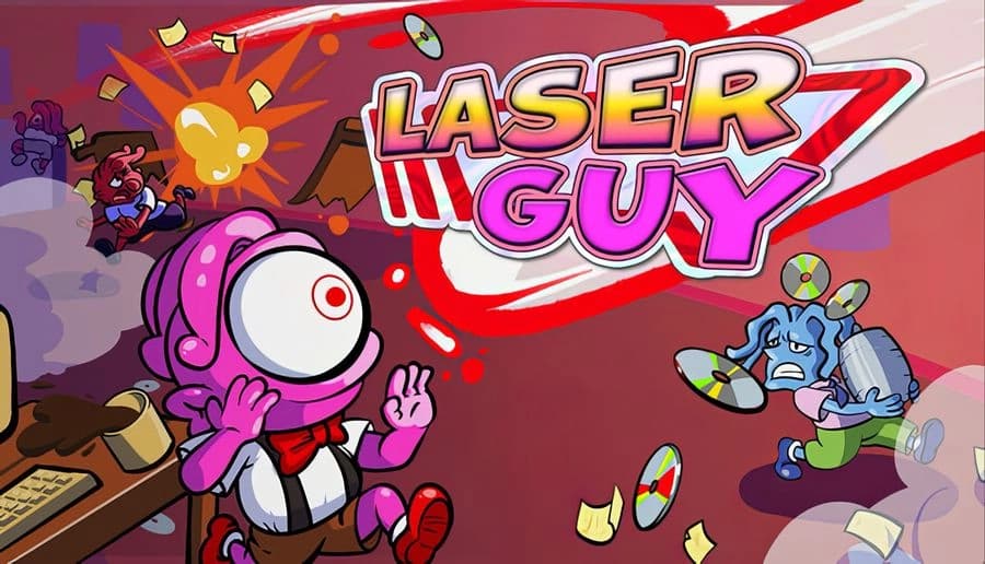 Laser Guy: pink cyclops man ducks as CDs and papers fly, coworkers sprint under a huge neon sign in an office scene.