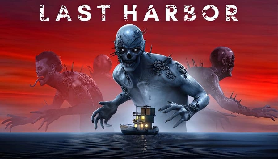 Last Harbor: Spiked pale zombie lunges forward above a lit motorboat, with two zombie silhouettes on red sea sky.