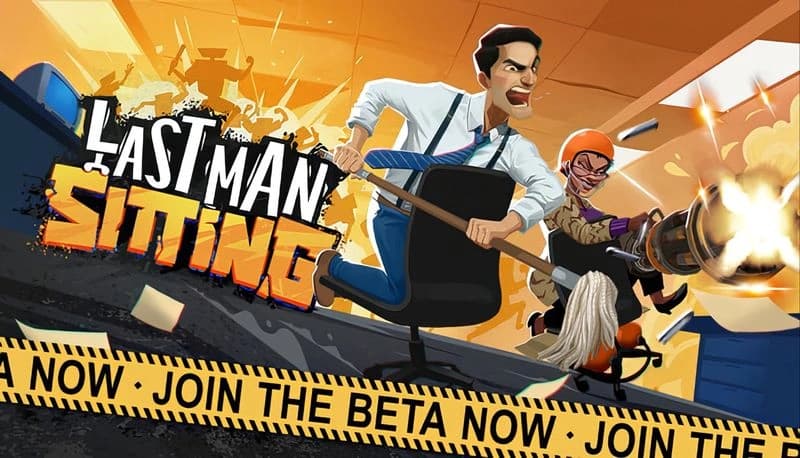 Last Man Sitting: Businessman in office chair wielding shotgun, evading orange-helmeted opponent amid flying debris.