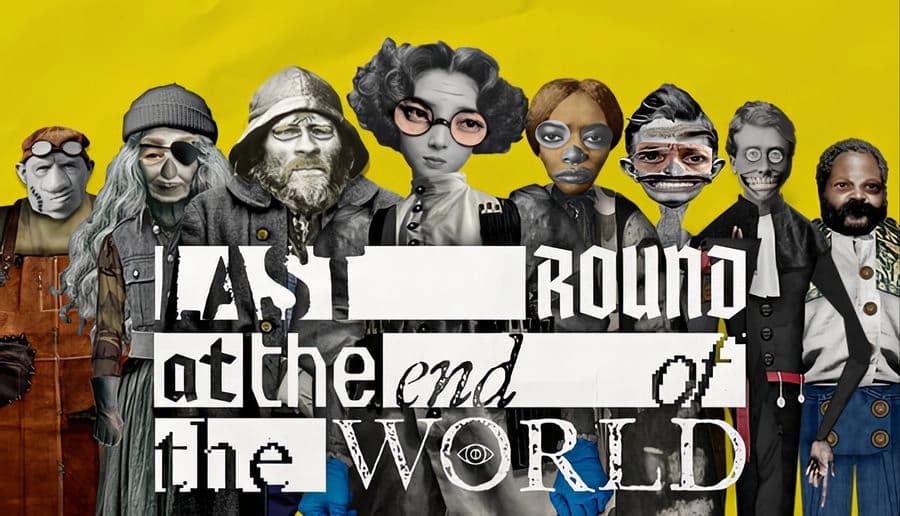 Last Round at the End of the World: Line of townsfolk in varied hats and glasses behind torn title banner on yellow backdrop.