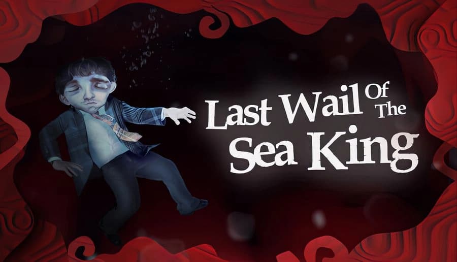 Last Wail of the Sea King: pale boy reaching with one arm toward viewer in dark starry void framed by red flesh.