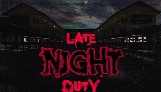 Late Night Duty: red graffiti-style title over dark school buildings at night, lit windows and grainy sky backdrop.