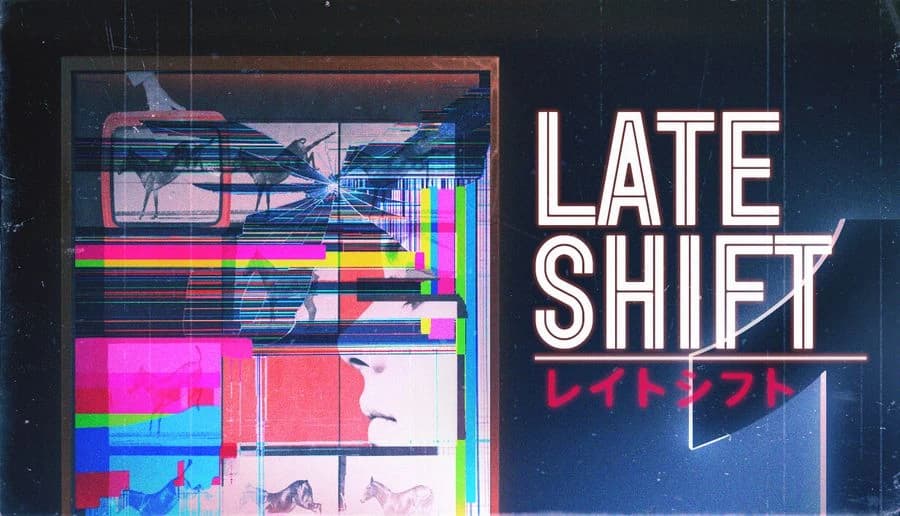 Late Shift: Glitchy close-up of a woman’s face overlapped by neon color bars, beside dark space backdrop.