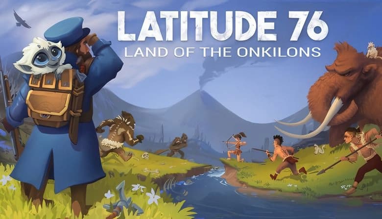 Latitude 76: Explorer with lemur observes hunters and mammoths near river in mountainous landscape under clear sky.