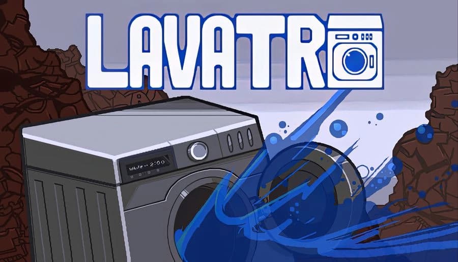 Lavatro: washing machine and dryer beside a swirling blue water splash, framed by rocky canyon walls under sky.