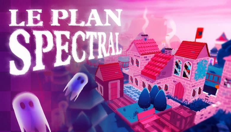 A cozy village with stone houses and red roofs, surrounded by trees, features two friendly ghosts floating nearby.