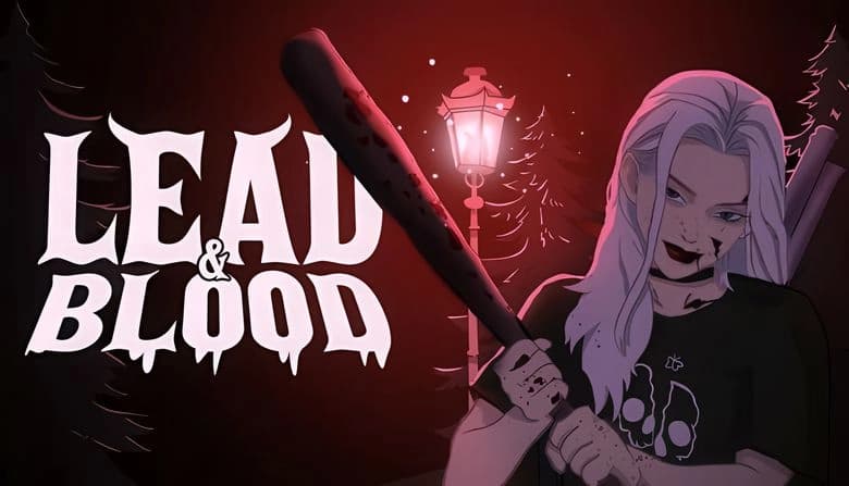 Lead & Blood: Young woman with bat in dark forest, bloodied face, eerie red light from streetlamp, trees silhouetted.