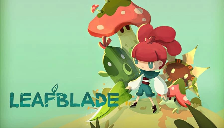 Leafblade: Red-haired young girl stands beside cactus and mushroom creatures on a pale green background scene.