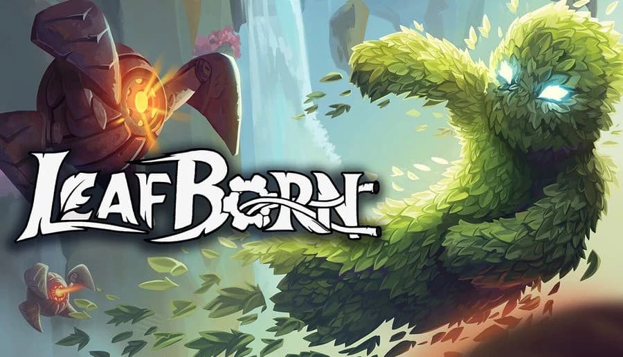 Leafborn: Leaf-covered humanoid leaps with glowing blue eyes near rocky ruins and huge mechanical arm in misty sky.