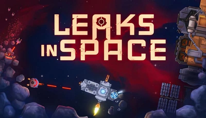 Leaks In Space: Spaceship fires at asteroids among debris with glowing exhaust, space station visible, red cosmic backdrop.