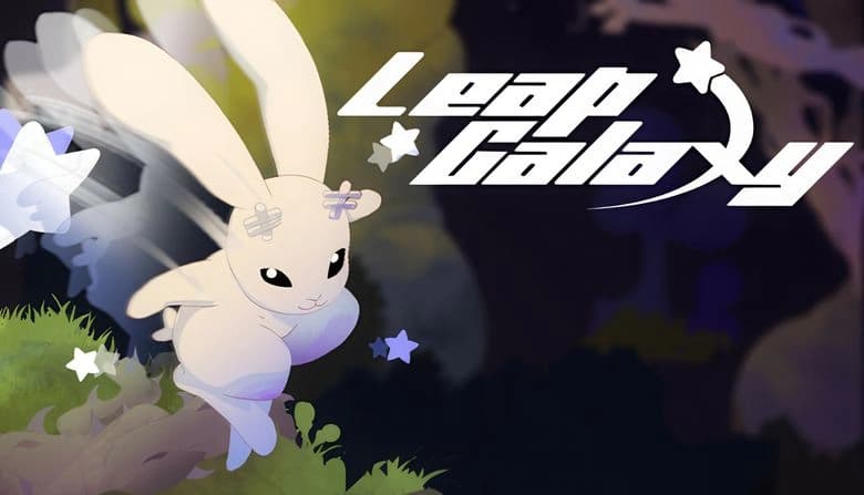A large, white rabbit leaps through a vibrant, abstract landscape of swirling colors. Floating stars and green foliage.