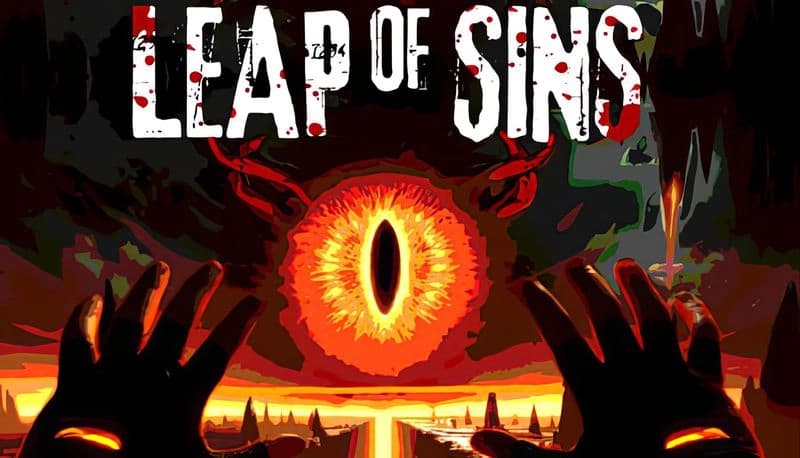 Leap of Sins: Hands reach towards fiery eye in hellish cave, molten landscape below, shadows cast by jagged rock formations.