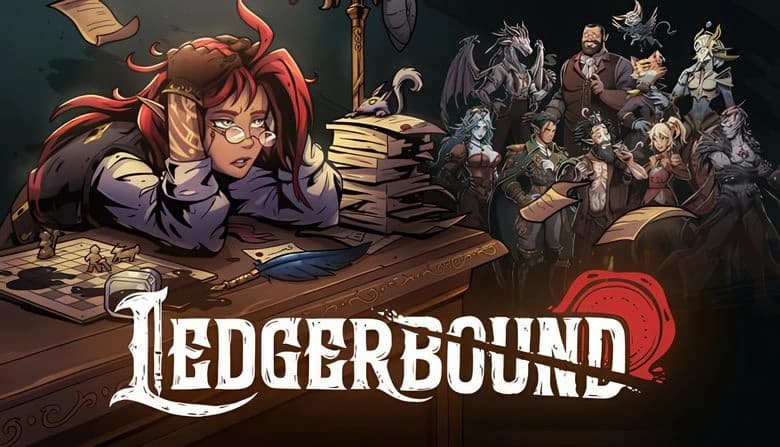 Ledgerbound: Woman with red hair at cluttered desk, surrounded by fantasy figures in dimly lit office filled with papers.