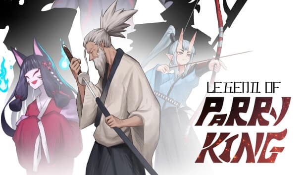 An elderly man with long hair in a robe unsheathes a katana, while two fox-eared young women stand nearby—one aiming a bow.
