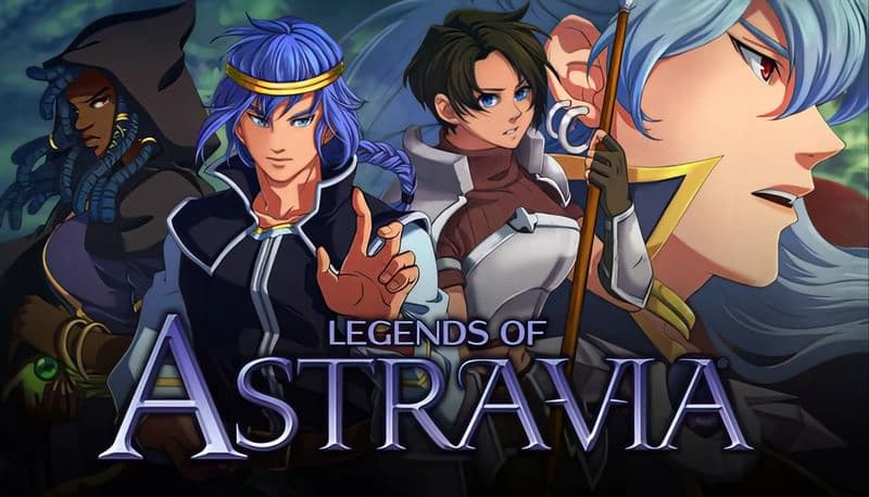 Legends of Astravia: Four warriors with magical gear stand ready against a vibrant, mystical backdrop of Astravia.