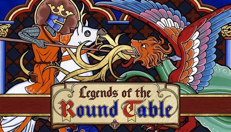 Legends of the Round Table: Knight in orange armor battles a fierce dragon-like creature on a horse in medieval art style.