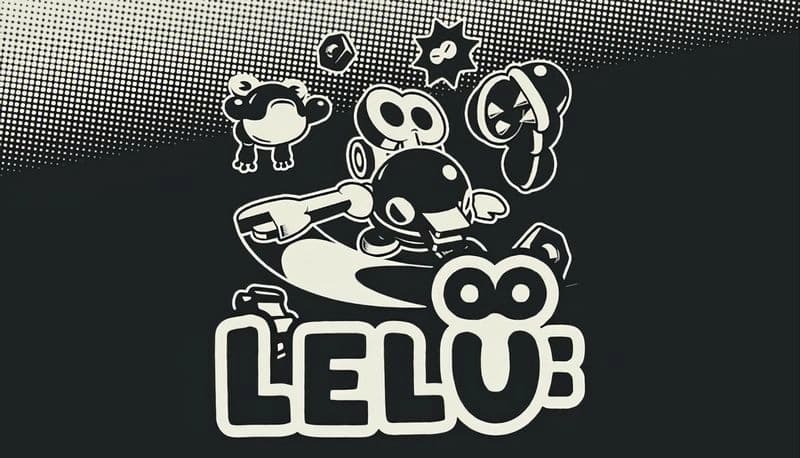 Lelu: Cartoon characters, including a robot and frog, hover over the game's title against a dotted, monochrome background.