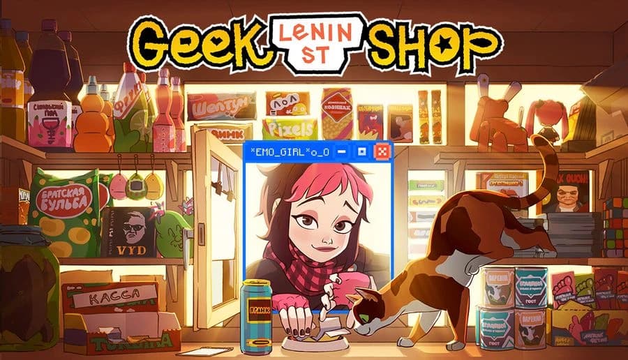 Lenin Street Geek Shop: young woman cashier smiles at counter as calico cat lounges atop candy and DVD shelves in store.