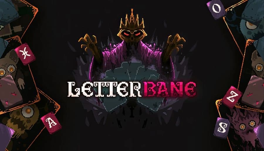 Letterbane: crown-wearing shadow sorcerer raises hands over glowing title, dark backdrop framed by letter tiles.