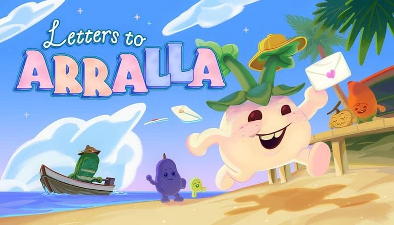 A joyful turnip with a hat runs on a sunny beach, holding a letter with a heart. Boat and other vegetable characters behind.