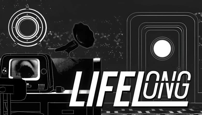 A dark, enigmatic office with a retro TV displaying an eye, a vintage gramophone, and a large door with a circular window.