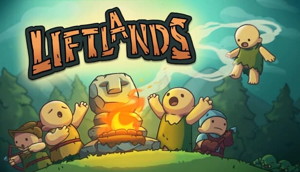 Cartoon figures surround a glowing campfire with an ancient stone face behind. A floating figure rises above the scene.