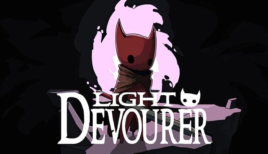 Light Devourer: Red-caped creature with a large sword stands on a jagged rock ledge against a dark sky with pink glow.