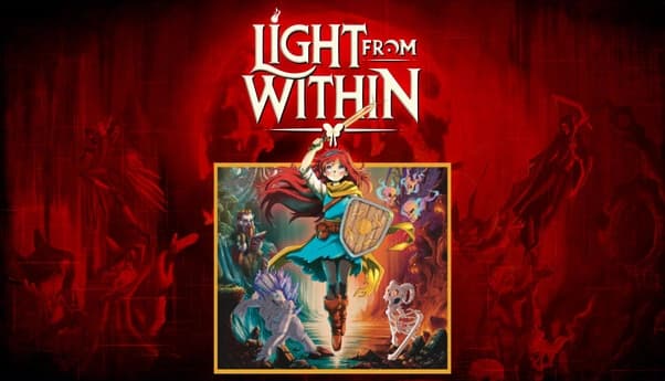 Light From Within: Red-haired young woman raises glowing sword and holds shield against red dungeon-like backdrop.