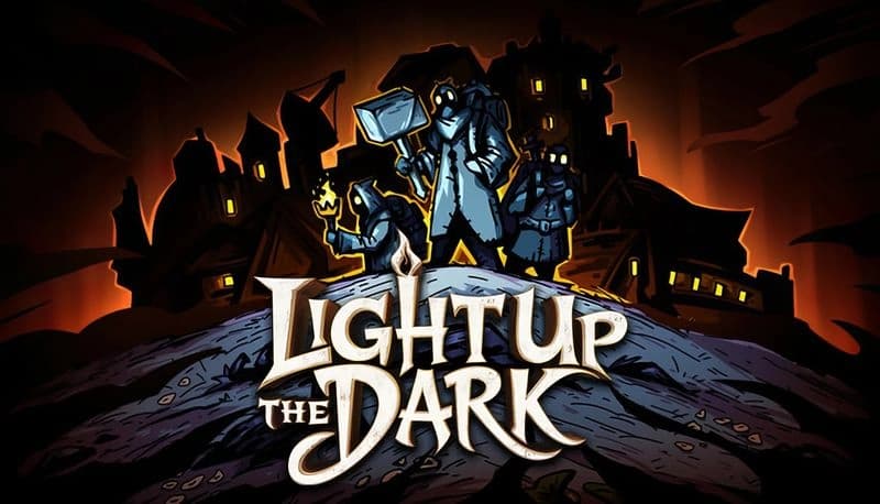 Light Up the Dark: Three armored figures stand on rocky hill, holding weapons, with dark, jagged castle silhouetted behind them.