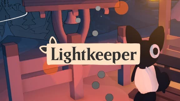 Lightkeeper: A small black-and-white creature sits on a bench in a stylized outdoor setting with wooden structures.