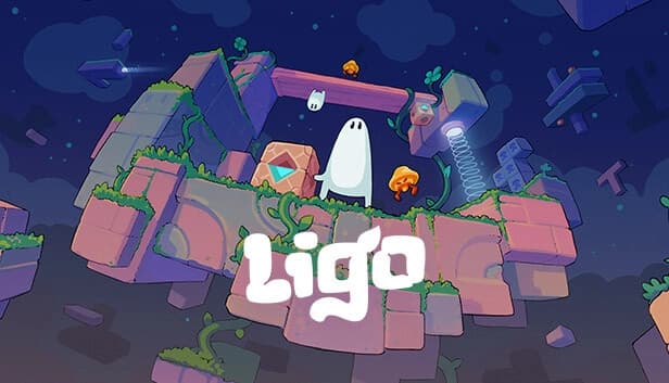 A friendly ghost and small critters stand on floating ruins with vines beneath a starry night sky.