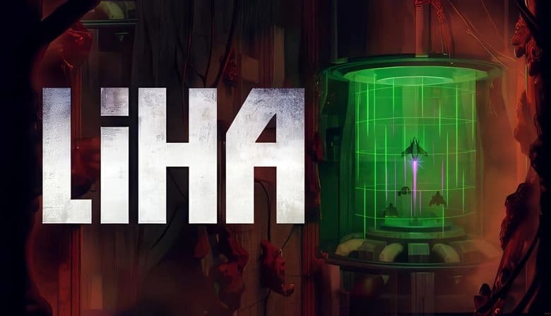 Liha: Spaceship hovers in glowing green chamber with wires and dark walls, suggesting a sci-fi setting with technology.