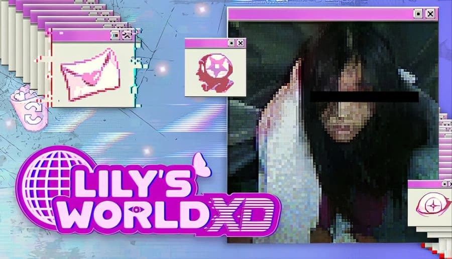 lily’s world XD: glitchy close-up of long-haired young woman on old computer pop-up windows over pastel desktop background.
